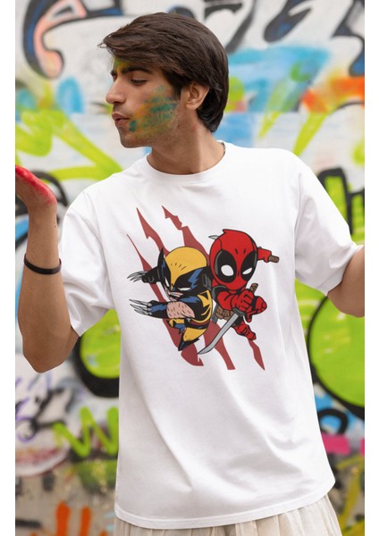 Unisex Mini Deadpool ve Wolverine Baskılı T-Shirt, Oversize Film Baskılı Tişört fiyatları