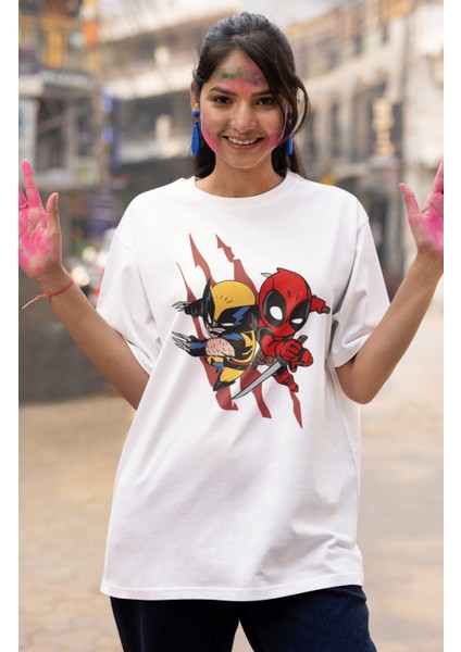 Unisex Mini Deadpool ve Wolverine Baskılı T-Shirt, Oversize Film Baskılı Tişört modelleri
