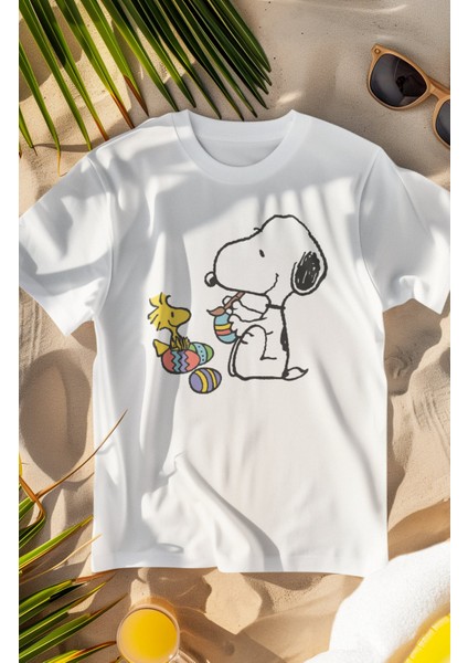 Unisex Snopy ve Kuşu Baskılı T-Shirt, Oversize Çizgi Film Baskılı Tişört