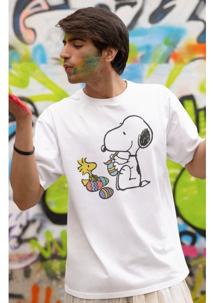 Unisex Snopy ve Kuşu Baskılı T-Shirt, Oversize Çizgi Film Baskılı Tişört fiyatları