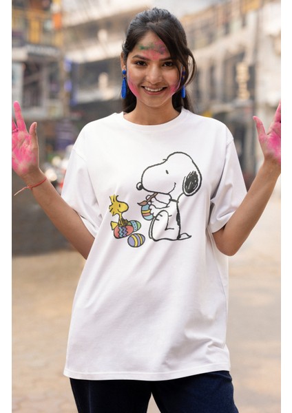 Unisex Snopy ve Kuşu Baskılı T-Shirt, Oversize Çizgi Film Baskılı Tişört modelleri