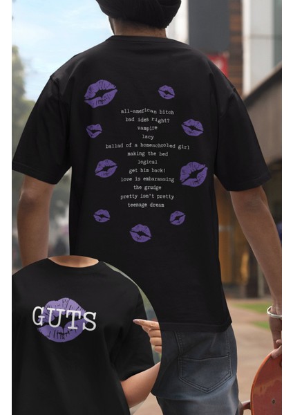 Unisex Guts Albüm Şarkıları Yazılı Olivia Rodrigo Sırt Baskılı Oversize Tshirt