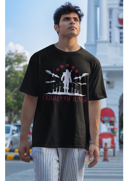 Unisex Geralt Of Rivia Baskılı T-Shirt, Oversize The Witcher Baskılı Tişört