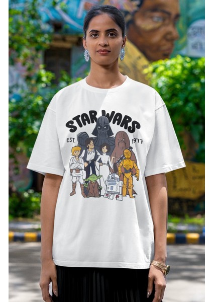 Unisex Star Wars Est 1977 Baskılı T-Shirt, Oversize Yıldız Savaşları Baskılı Tişört