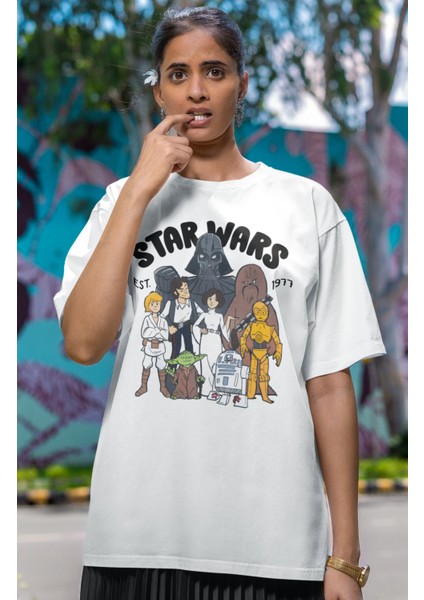 Unisex Star Wars Est 1977 Baskılı T-Shirt, Oversize Yıldız Savaşları Baskılı Tişört modelleri