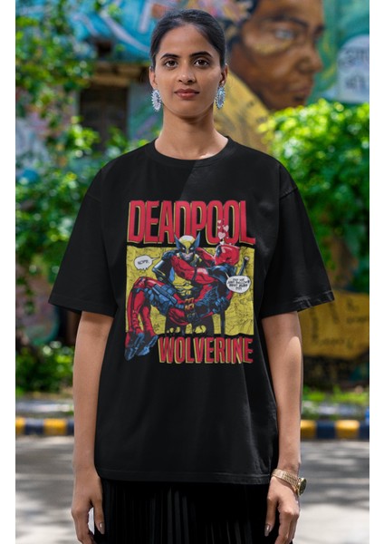 Unisex Deadpool And Wolverine Karikatür Baskılı T-Shirt, Oversize Film Baskılı Tişört