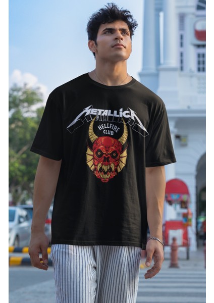 Unisex Metallica Hellfire Club Baskılı T-Shirt, Oversize Rock Metal Baskılı Tişört