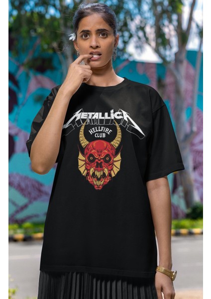 Unisex Metallica Hellfire Club Baskılı T-Shirt, Oversize Rock Metal Baskılı Tişört fiyatları