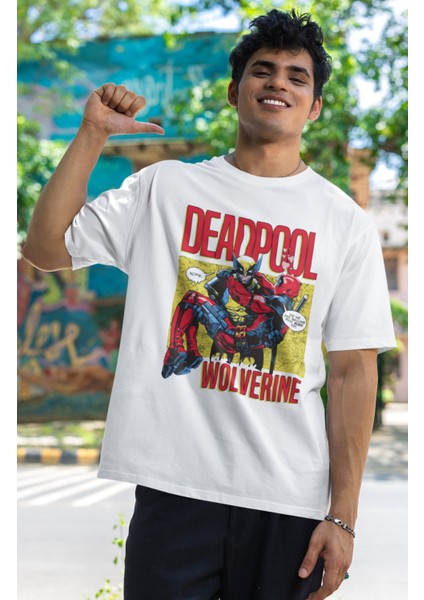 Unisex Deadpool And Wolverine Karikatür Baskılı T-Shirt, Oversize Film Baskılı Tişört
