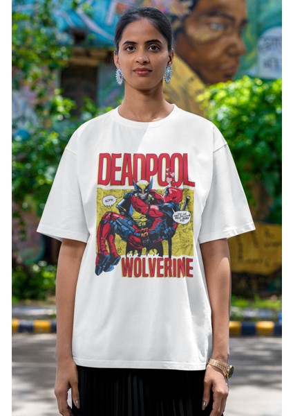 Unisex Deadpool And Wolverine Karikatür Baskılı T-Shirt, Oversize Film Baskılı Tişört
