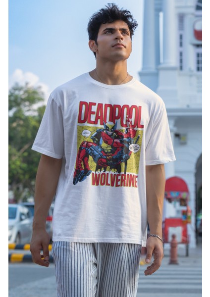 Unisex Deadpool And Wolverine Karikatür Baskılı T-Shirt, Oversize Film Baskılı Tişört