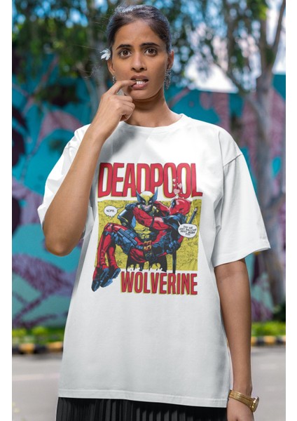 Unisex Deadpool And Wolverine Karikatür Baskılı T-Shirt, Oversize Film Baskılı Tişört