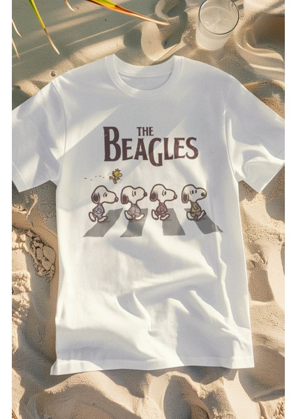 Unisex The Beagles Baskılı T-Shirt, Oversize Snopy ve Kuşu Baskılı Tişört