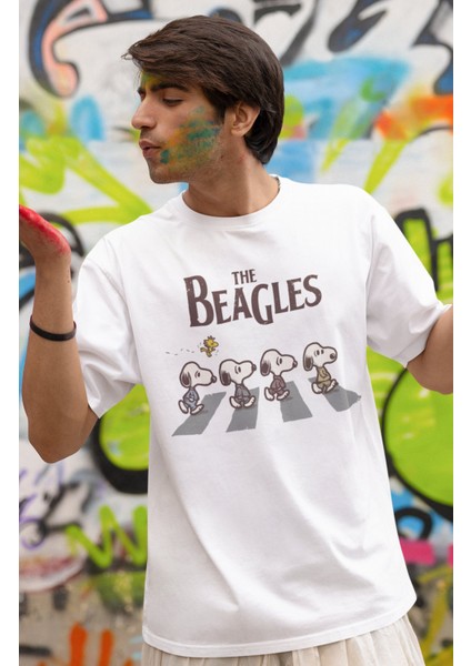 Unisex The Beagles Baskılı T-Shirt, Oversize Snopy ve Kuşu Baskılı Tişört