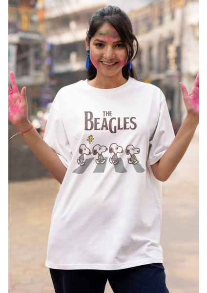 Unisex The Beagles Baskılı T-Shirt, Oversize Snopy ve Kuşu Baskılı Tişört