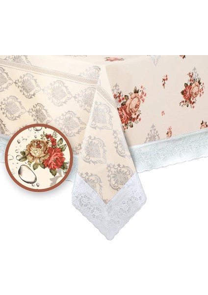 Çiçekli Damask Pvc Masa Örtüsü Kenar Dantel Krem - Gri