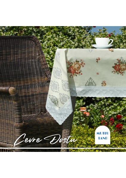 Çiçekli Damask Pvc Masa Örtüsü Kenar Dantel Krem - Gri fiyatları