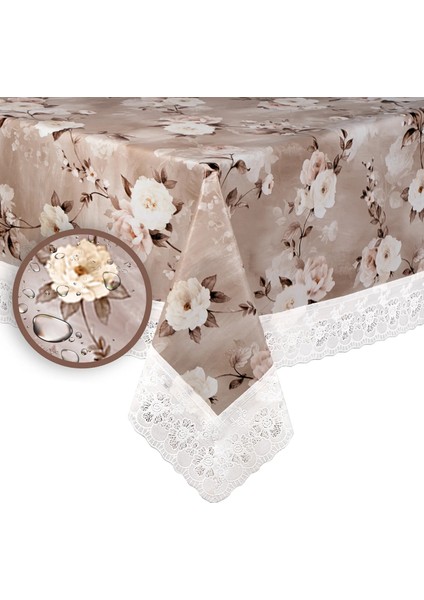 Teodora Pvc Masa Örtüsü Kenar Dantel Krem - Kahverengi