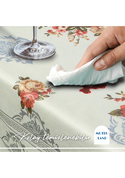 Mutlu Land Çiçekli Damask Pvc Masa Örtüsü Kenar Dantel Krem - Gri