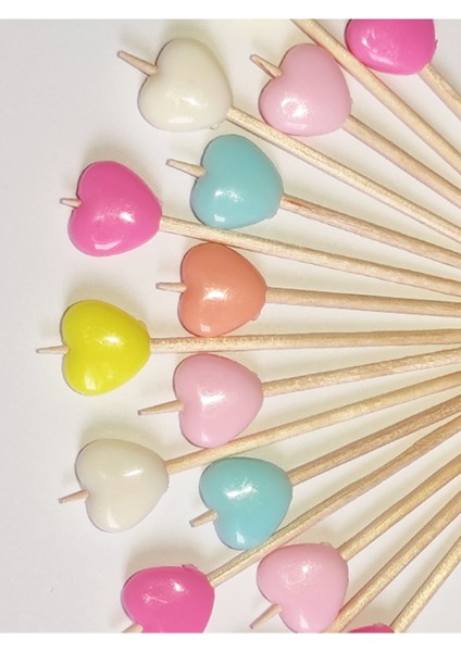 100 Adet Dekoratif Kalp Boncuklu Parti Kürdanı 6 cm Karışık Renk - Kalpli Lokumluk Pasta Kürdanı