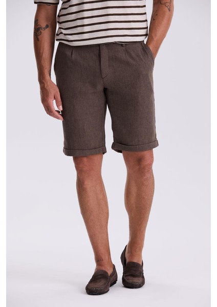 Kahve Comfort Fit Keten Dokulu Rahat Kesim Duble Paça Şort