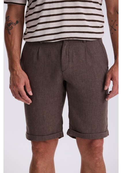 Kahve Comfort Fit Keten Dokulu Rahat Kesim Duble Paça Şort