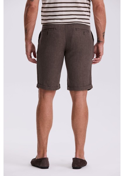 Kahve Comfort Fit Keten Dokulu Rahat Kesim Duble Paça Şort