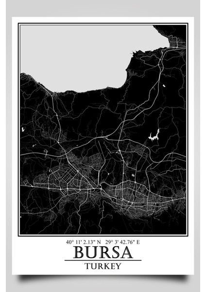 Bursa Şehir Haritası Çerçevesiz Poster-Harita Sanatı, Map Art Design