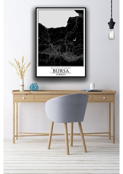 Bursa Şehir Haritası Çerçevesiz Poster-Harita Sanatı, Map Art Design