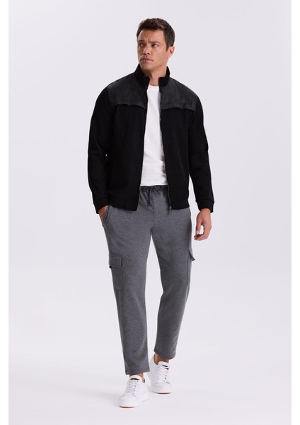 Antrasit Slim Fit Cepli Pamuklu Likralı Eşofman Altı