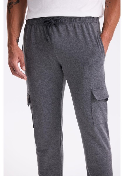 Antrasit Slim Fit Cepli Pamuklu Likralı Eşofman Altı