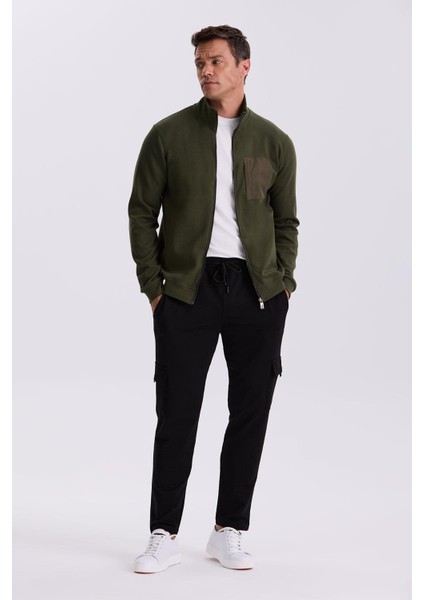 Haki Slim Fit Fermuarlı Pamuklu Likralı Eşofman Üstü