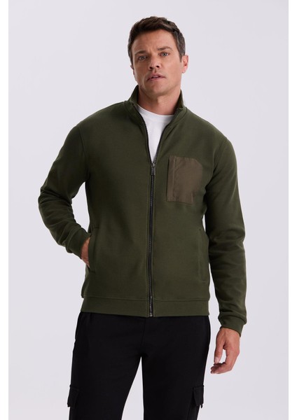 Haki Slim Fit Fermuarlı Pamuklu Likralı Eşofman Üstü