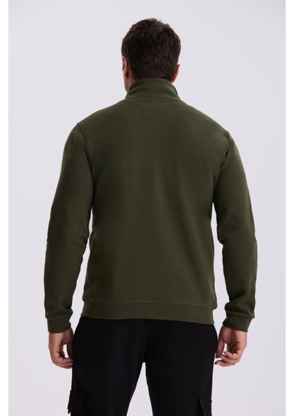 Haki Slim Fit Fermuarlı Pamuklu Likralı Eşofman Üstü