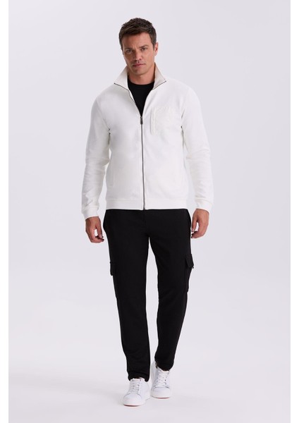 Ekru Slim Fit Fermuarlı Pamuklu Likralı Eşofman Üstü