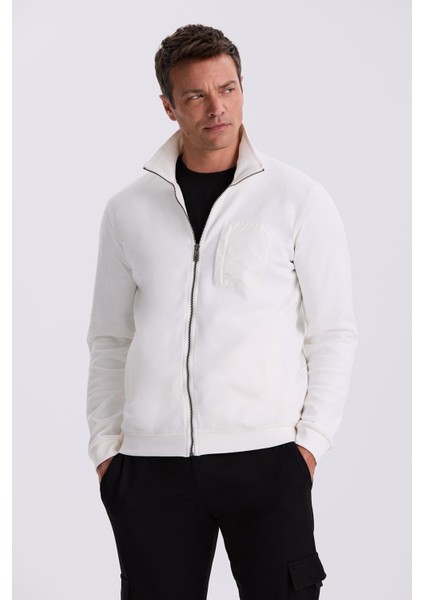 Ekru Slim Fit Fermuarlı Pamuklu Likralı Eşofman Üstü