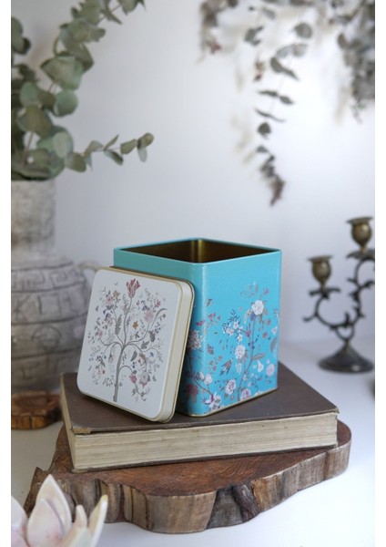 ER024-9F Botanica Blue Desenli Kare Metal Saklama Kabı 12X12 cm