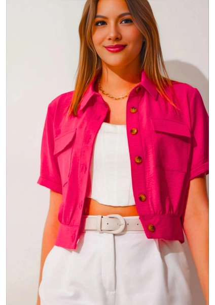 Kadın Fuşya Cepli Düğmeli Kısa Kollu Yazlık Crop Gömlek Ceket HZL22S-BD106631