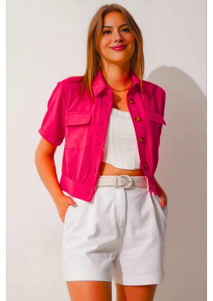 Kadın Fuşya Cepli Düğmeli Kısa Kollu Yazlık Crop Gömlek Ceket HZL22S-BD106631 fiyatları