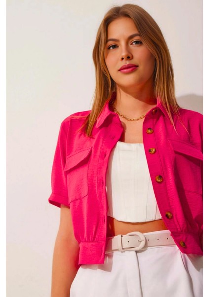 Kadın Fuşya Cepli Düğmeli Kısa Kollu Yazlık Crop Gömlek Ceket HZL22S-BD106631 modelleri