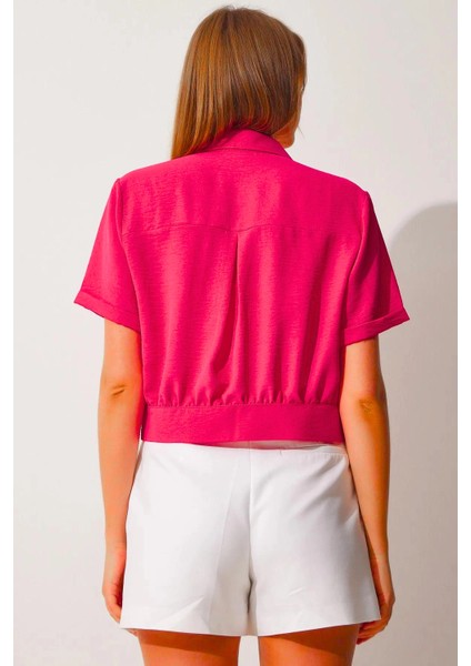 Kadın Fuşya Cepli Düğmeli Kısa Kollu Yazlık Crop Gömlek Ceket HZL22S-BD106631 fırsatları