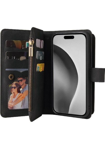 Kart Yuvası Standı ile IPhone 16 Pro Max Fermuar Poket Için Cüzdan Telefon Kılıfı (Yurt Dışından)