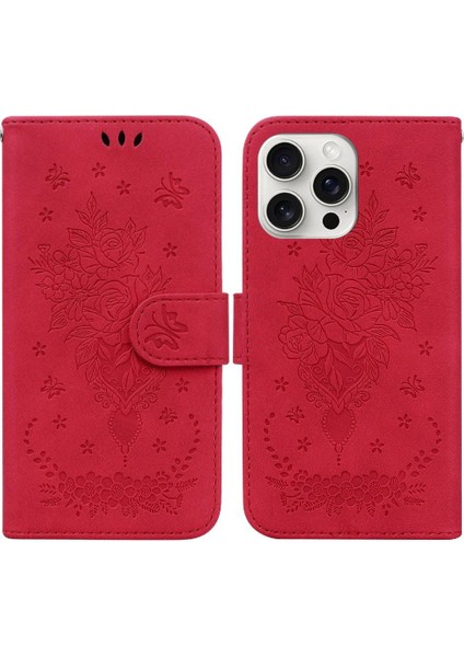 IPhone 16 Için Kılıf Pro Kart Yuvaları Flip Pu Deri Kapak Kabartma Gül Cüzdan (Yurt Dışından)