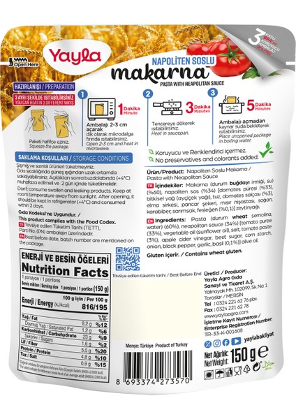 Yemek Hazır Napoliten Soslu Makarna 150 gr