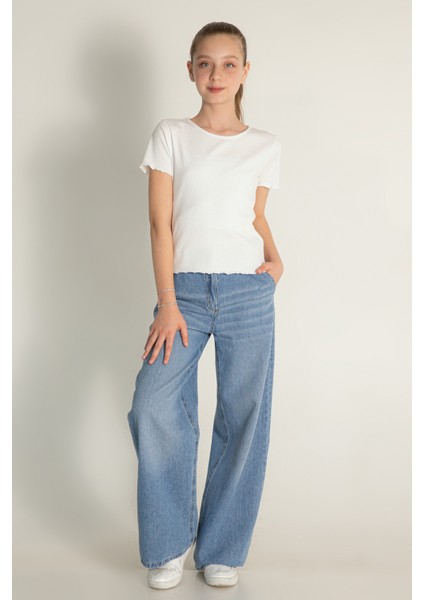 Yüksek Bel Bol Paça Ayarlanabilir Bel Jean Kız Çocuk Kot Pantolon fiyatları