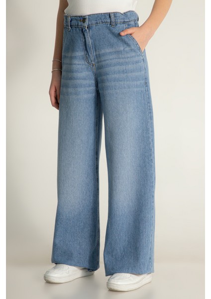 Yüksek Bel Bol Paça Ayarlanabilir Bel Jean Kız Çocuk Kot Pantolon