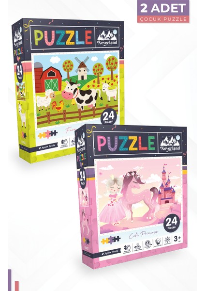 2 Adet 24 Parça Puzzle - Çiftlik Hayvanları ve Sevimli Prenses