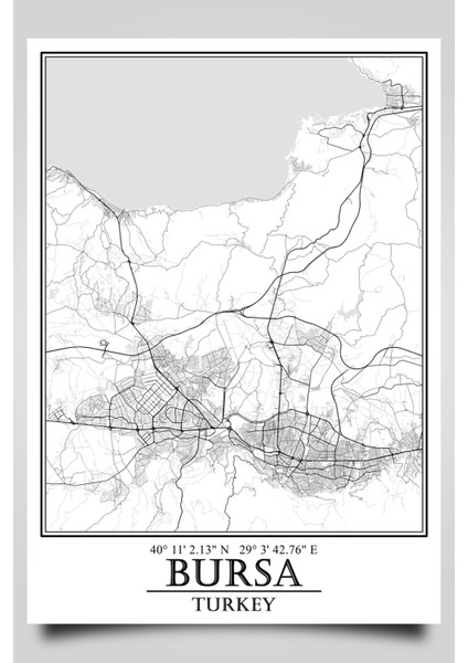 Bursa Şehir Haritası Çerçevesiz Poster-Harita Sanatı, Map Art Design