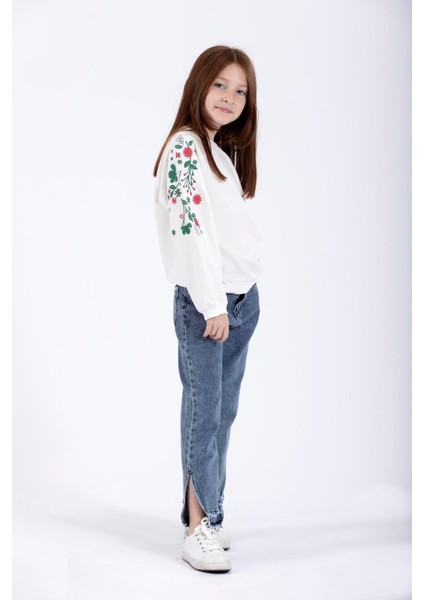 Kız Çocuk Ekru Renkli Reglan Kol Çiçek Baskılı Sweatshirt fiyatları