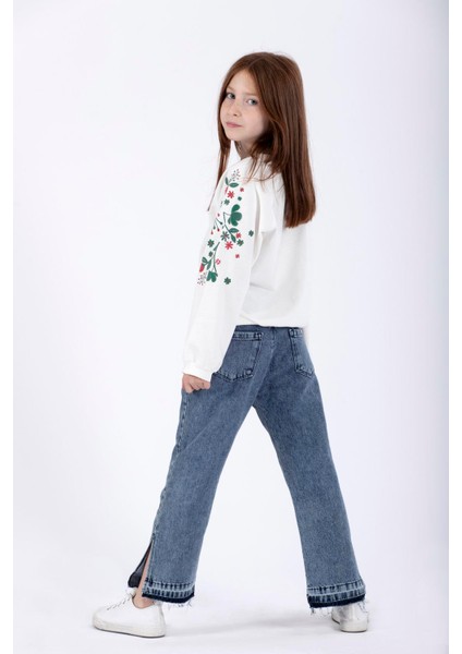Kız Çocuk Ekru Renkli Reglan Kol Çiçek Baskılı Sweatshirt modelleri